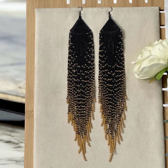 Dramatic Black and Gold Hand Beaded Cascade Earrings - Picture 15 of 16
